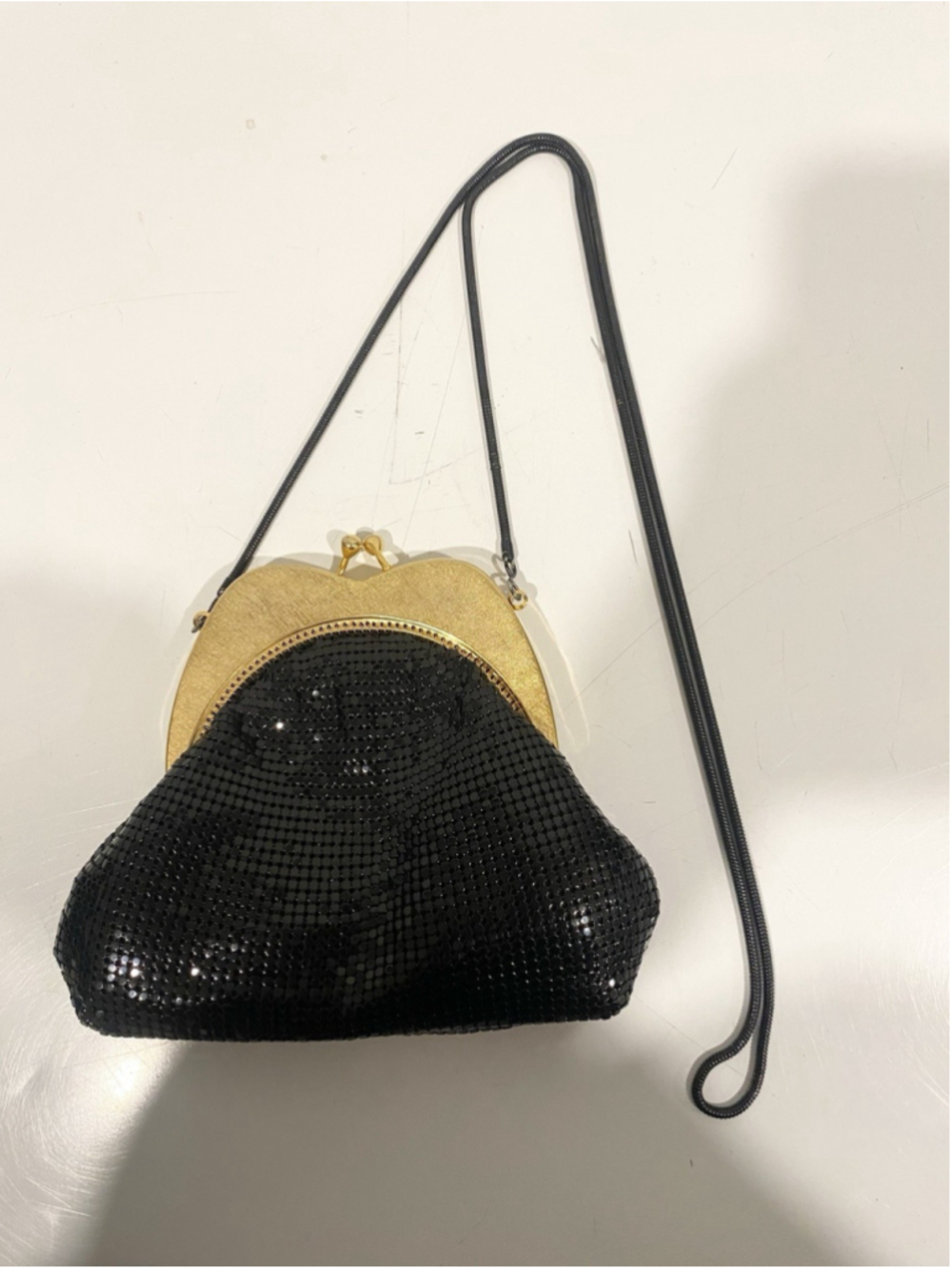 Vintage Goldco Black Metal Mesh Evening Bag Gold Kiss Lock Shoulder Purse